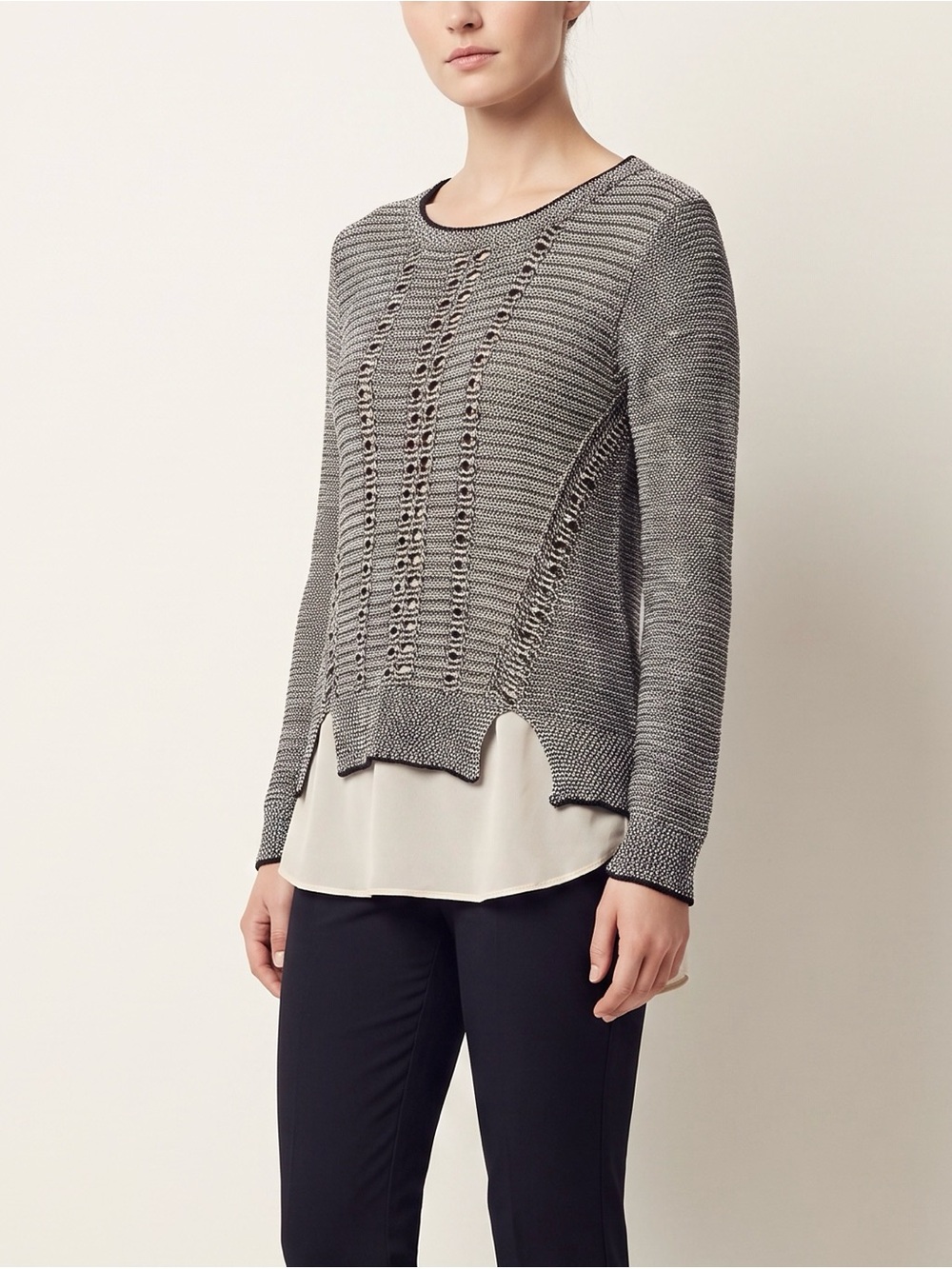 Open-Stitch Crewneck Sweater in Grey